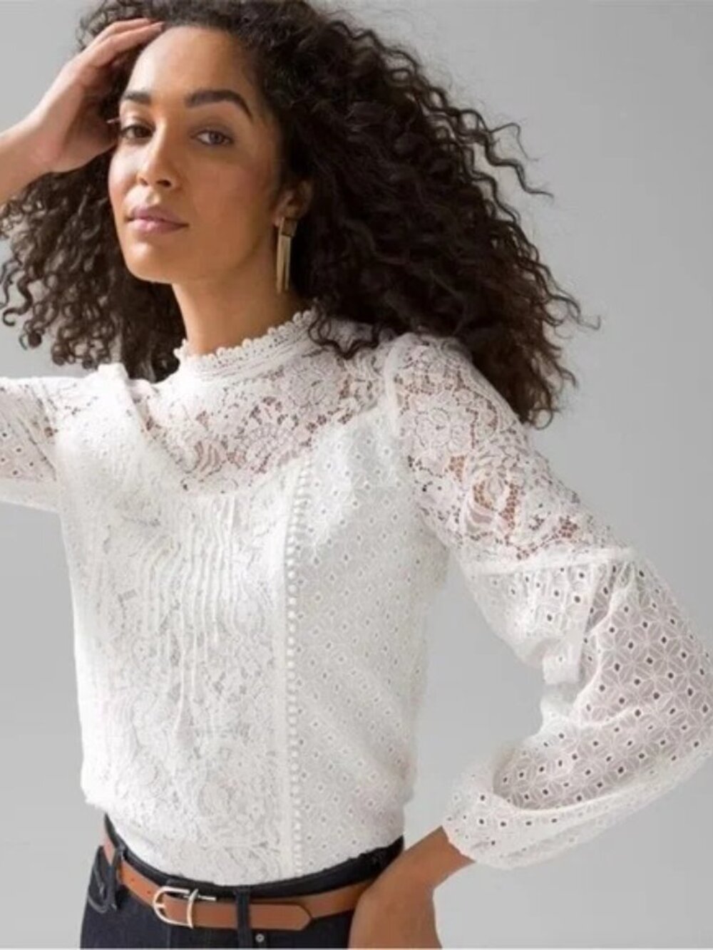 White House Black Market Lace Blouse sz 12 Mock Neck Ruffle Feminine Top - Picture 1 of 10